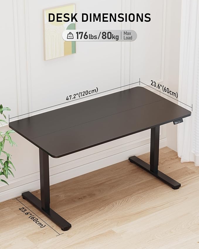 Electric Standing Desk, Large Height Adjustable Stand up Desk, 48 x 24 Inches Sit Stand Home Office Desk, with Splice Board, Black Frame/Black Top