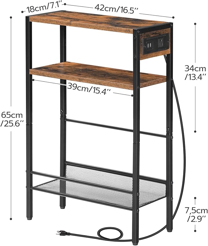 HOOBRO Small Narrow Side Table with Charging Station, Skinny End Table for Small Spaces, Slim Nightstand with USB Ports Outlet, Sofa Beside Table with Storage Shelf, Rustic Brown and Black BF102UBZ01