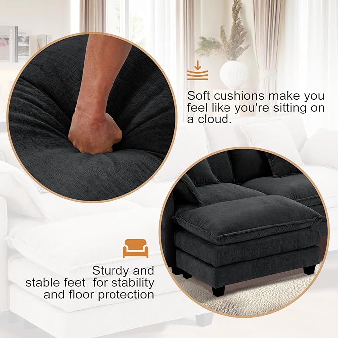 Furniliving Oversized Accent Chairs with Ottoman, Luxury Chenille Single Sofa Couch, Upholstered Deep Seat Chaise Lounge with Pillows for Living Room, Bedroom, Apartment, Black