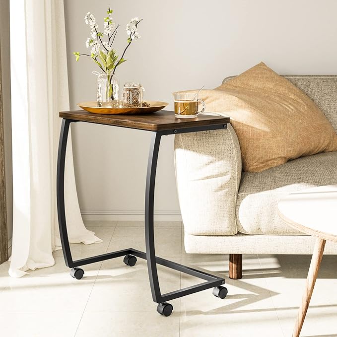 SRIWATANA Side Table, C-Shaped End Table with Rolling Wheels,Rustic Sofa Couch Table for Laptop Coffee Snack, Dark Walnut