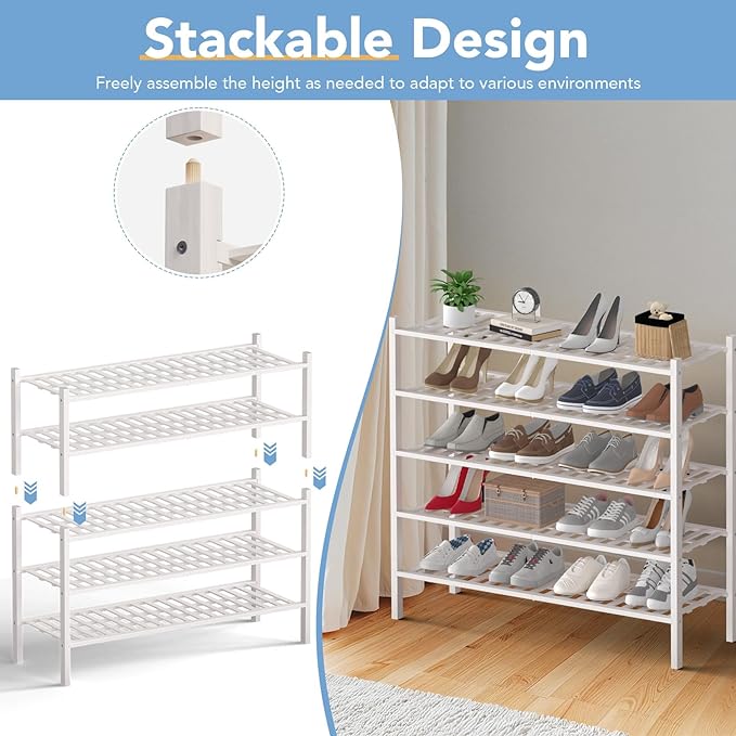 Haddockway Long 3 Tier Bamboo Shoe Rack Storage Organizer, Multifunctional Free Standing Stackable Shoe Shelf with Grid Panel for Closet,Hallway,Entryway,Small Space 34.2"x11"x20"(White, 3-Tier(Long))