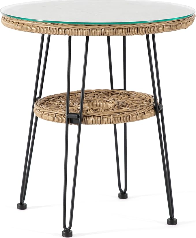 Muse & Lounge Co. Ysar Boho 19-inch Round Coffee Table Outdoor with Tempered Glass Top and Metal Frame, Handcrafted Coastal Furniture for Patio, Poolside, Garden, Yard, Natural