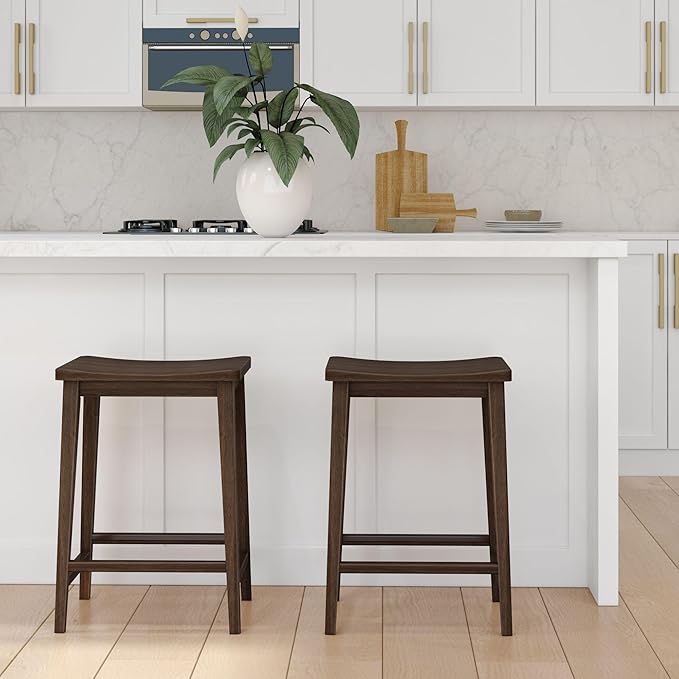 Plank+Beam Smythe Counter Stool, 24", Set of 4, Sturdy Wood Modern Kitchen Counter Height Stool, Saddle Seat Backless Counter Chair, Metal Footrest, Walnut