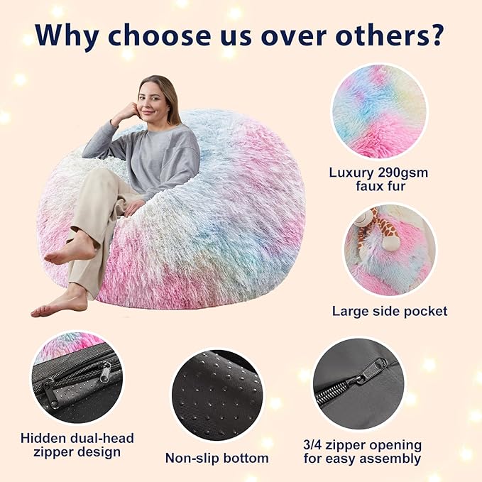 6FT Fur Comfy Bean Bag Cover for Living Room(No Filler), Big Fluffy Stuffed Animal Storage Bean Bag Chair Cover Rainbow, Furry Fuzzy Bean Bag Cover for Adults Kids Girls, Anti-Slip, Colorful