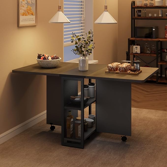 GarveeHome Folding Dining Table, Space Saving Farmhouse Dining Table for 4 Storage Shelf, 6 Wheels Multipose Expandable Kitchen Drop Leaf Table for Small Space (Carlo Grey, 50.1"D x 31.4"W x 29.5"H)