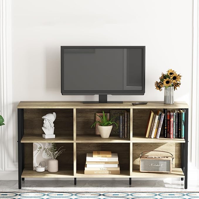 Horizontal Bookshelf Bookcase,6 Cube Storage Organizer with Open Shelf,47 Inch Industrial Low Wide Wood and Metal Cubby shelf,Long shelving unit for Home Office Living Room(Rustic Oak,6 Cube)