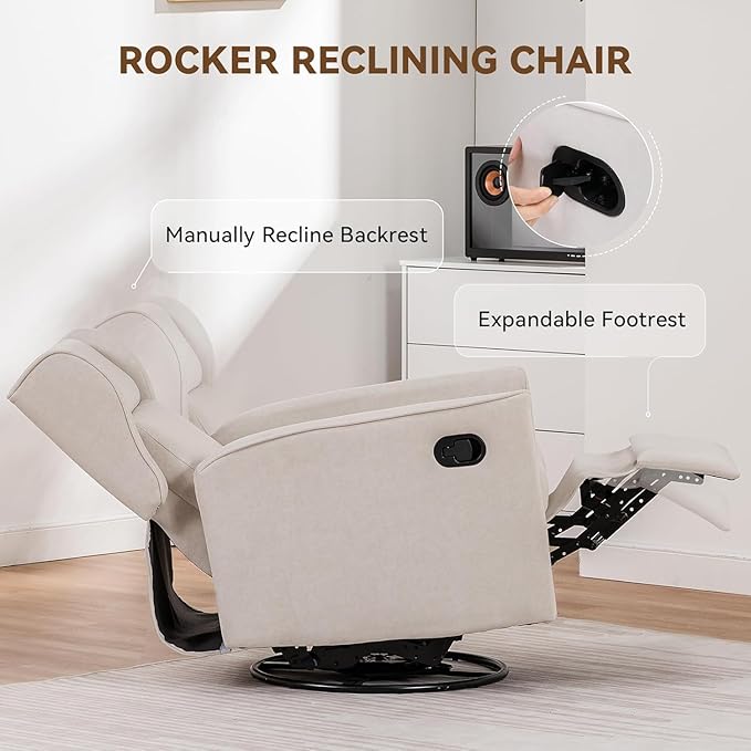 COMHOMA Rocking Recliner Chair,Swivel Glider Reclining Single Sofa Manual Rocker Recliners,Nursery Rocking Chairs with Upholstered Seating for Living Room Office(Beige)