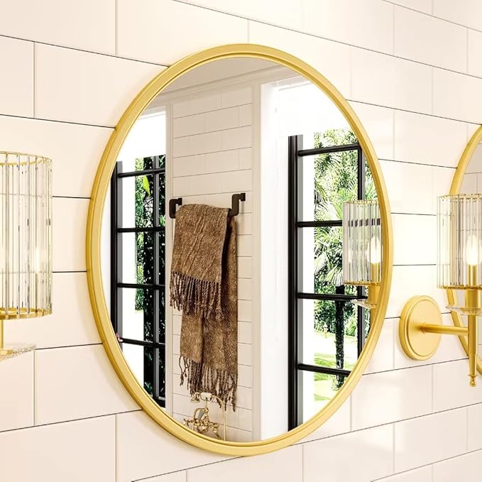 Growsun Gold Round Mirror, 20 inch Circle Wall Mirror for Bathroom Vanity, Entryway Living Room with Metal Frame for Home Decor