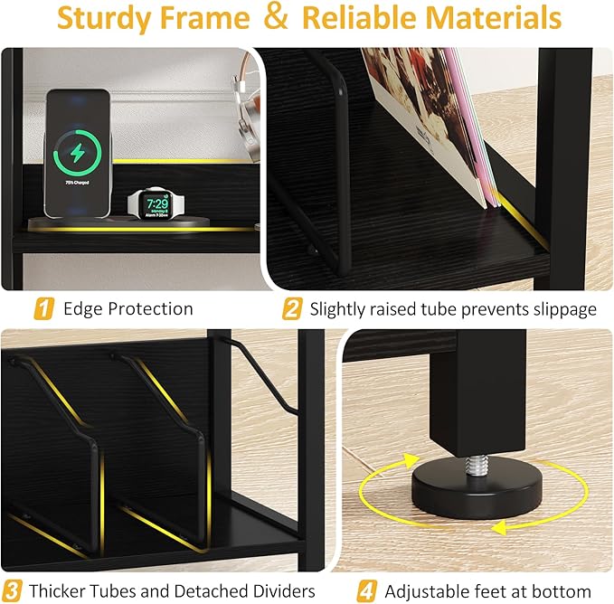 Hosfais 3 Tier Record Player Stand, Retro Vinyl Record Storage End Table Records for Living Room Bedroom (Black)