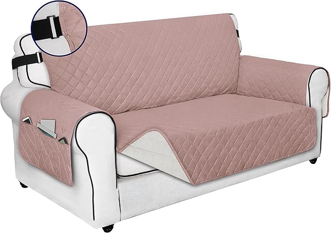 PureFit Reversible Sofa Cover Water Resistant Loveseat Couch Cover, Machine Washable Furniture Cover with Non-Slip Foam and Adjustable Strap for Dogs, Pets (Loveseat, Pink/Ivory)