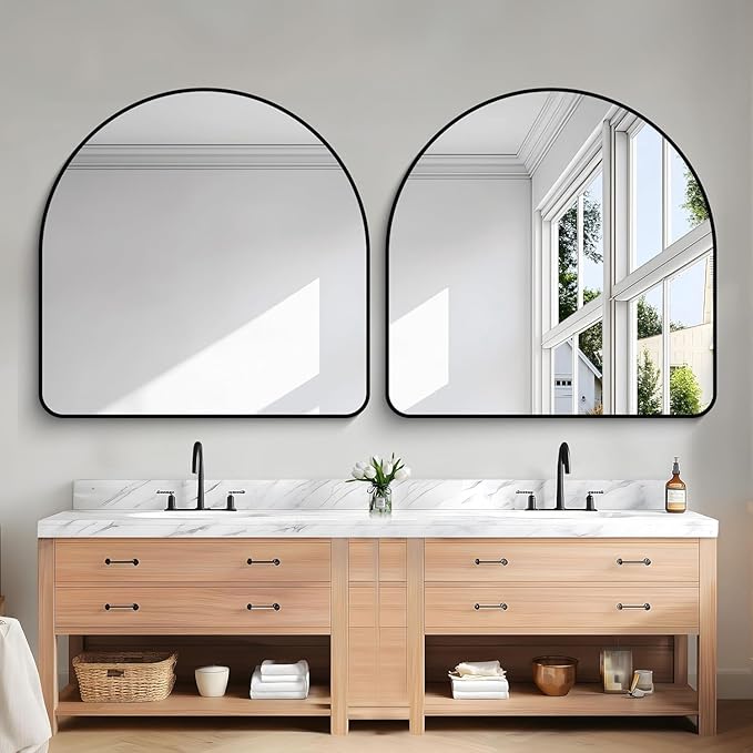 Arched Bathroom Mirror, 30"x30" Black Arched Mirror for Bathroom, Wall Mounted Mirror, Gold Vanity Wall Mirror Metal Frame for Bedroom, Entryway, Living Room, Vertically Hanging