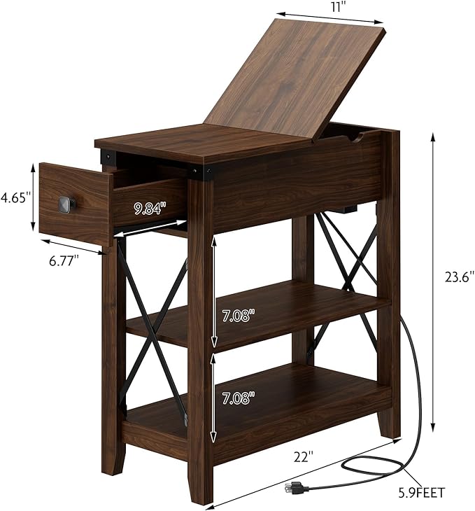 Narrow End Table with Charging Station - Farmhouse Slim Side Table Set of 2, w/USB Ports Power Outlets, Nightstand w/Flip Top Storage Drawer, for Small Spaces Living Room Bedroom, Walnut