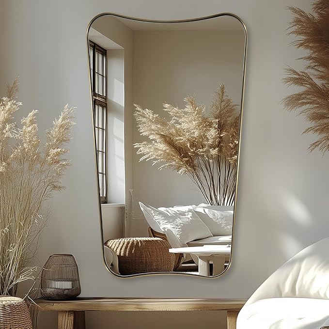 Brushed Gold Bathroom Mirror, 24x40 Inch Gold Irregular Bathroom Vanity Mirror, Gold Asymmetric Mirror with Stainless Steel Frame, Metal Framed Wall Mounted Accent Mirror Vertical Only