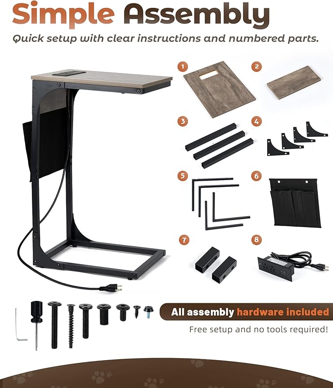 C Shaped End Table with Charging Station, Couch Side Table with Storage Pocket, Slide Under Couch Sofa Table Tray, Greige