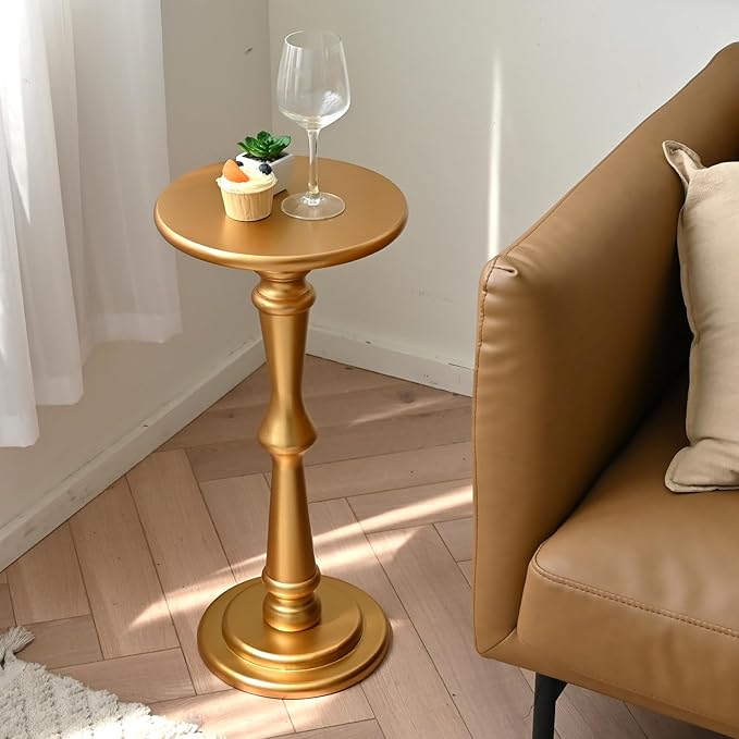 SwallowLiving Small Round Side Table, Tall End Tables Living Room, Narrow Night Stand for Small Spaces, Sofa Couch, Bedroom & Office, Modern Wooden Beside Table Home Decor (Gold, 12" x 25")
