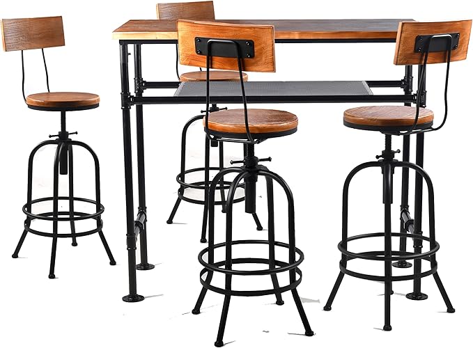 Diwhy Industrial Bar Stool-26-32 Inch Adjustable Swivel Metal Wood Seat Stool Bar Height Bar Stool with Backrest-for Kitchen, Dining Side Chair, Pub, Bistro, Set of 2, Black