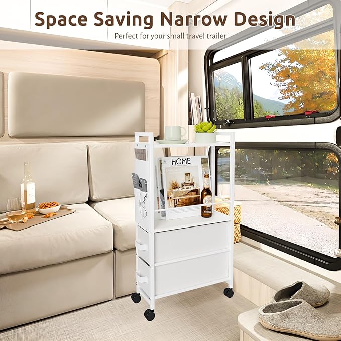 Small Narrow Side Tables for Small Spaces, Skinny Bedside End Table Nightstand with Drawers&Wheels, Slim Desk Stand Magazine Rack with Storage Bag for Sofa Living Room Couch Bedroom (White)