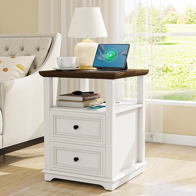 Vipbear Farmhouse Nightstand 18" White End Table with Charging Station & 2 Drawers, Rustic Bedside Table with Storage Shelf for Bedroom, Living Room,18.1" D x 18.1" W x 24.2" H