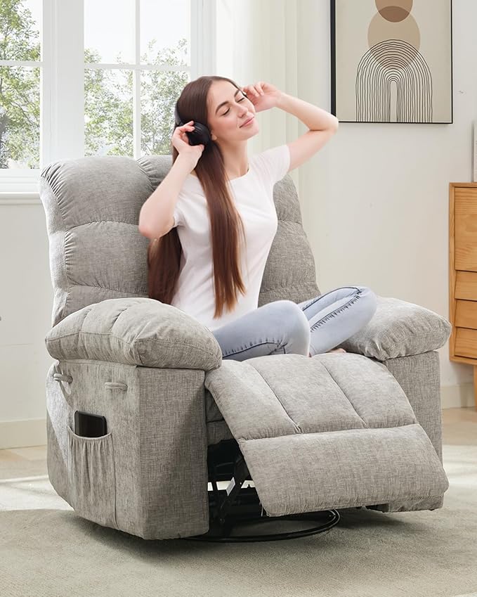 Rocking Recliner Chair,360° Swivel Rocker Chair for Living Room,Upholstered Fabric Glider Nursery Chair with Side Pockets for Small Spaces,Q235 Steel Frame Lazy Boy Recliner Single Sofa(Grey)