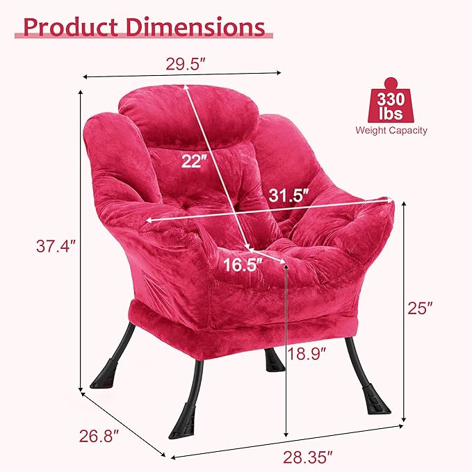Fabric Lazy Chair for Adults, Oversized Upholstered Sofa Chair, Plush Comfy Lounge Chair with Large Side Storage Pocket, Thick Padded Reading Chair for Living Room, Bedroom, Office, Rose Red