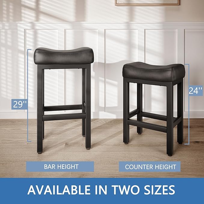 29 Inch Bar Height Bar Stools Set of 2, 29" Barstools for Kitchen Island Counter, Backless Bonded Leather Bar Height Stools with Thick Saddle Seats & Heavy Duty Metal Base, Easy Assembly, All Black