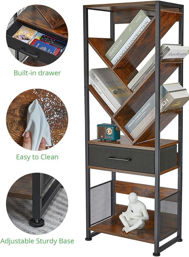 Bookshelf with Drawer,8 Tier Tree Bookcase Retro Floor Standing Bookshelves,Tall Wood Bookcases with Cabinet Storage Organizer for Living Room, Bedroom & Home Office, Classic