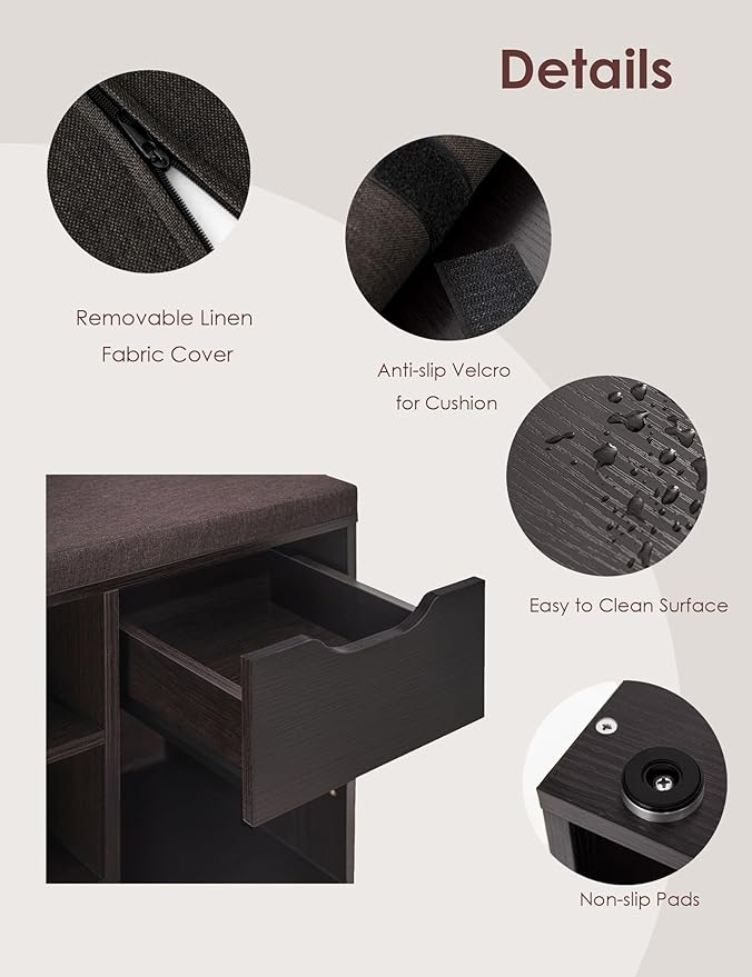DINZI LVJ Shoe Bench, Entryway Storage Bench with Drawer and 15 Cubbies, Cubby Shoe Rack with Adjustable Shelves, Shoe Organizer Cabinet for Living Room, Bedroom, Mudroom, Closet and Garage, Espresso
