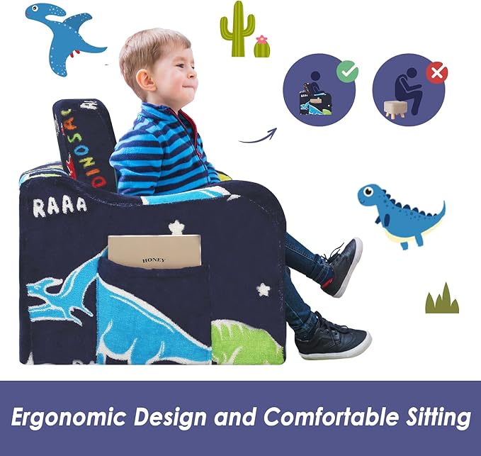 Kids Couch Extra Large,Glow in The Dark 2-in-1 Folding Kids Sofa Bed for Boys,2 Seats Convertible Sleeper Lounger Toddler Couch for Children Bedroom Playroom Nursery,Dinosaur