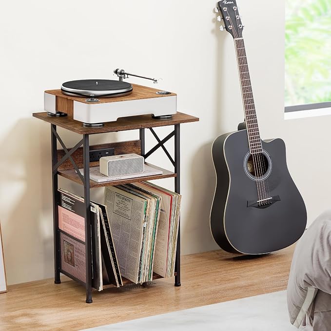 AMHANCIBLE Record Player Stand with Charging Station, Large Turntable Stand with Storage Cabinet, 3 Tier End Table Hold Up to 100 Albums, Record Stand for Vinyl, Living Room, Brown, HETCD012BR-1