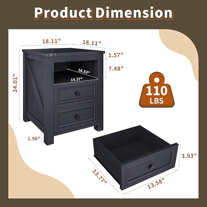 Farmhouse Nightstand with Charging Station, 18” Wide End Table with 2 Drawers Living Room Wood Sofa Side Table with Storage, Small Night Stand for Bedroom, Black