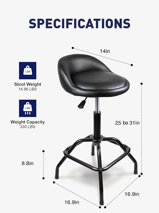 SMART JERRY - Garage Shop Stools, Counter Height Bar Stools, Swivel Barstools Height Adjustable, Work Bench Stool with Back, Kitchen Bar Height Chairs, Black (330lb Weight Capacity)