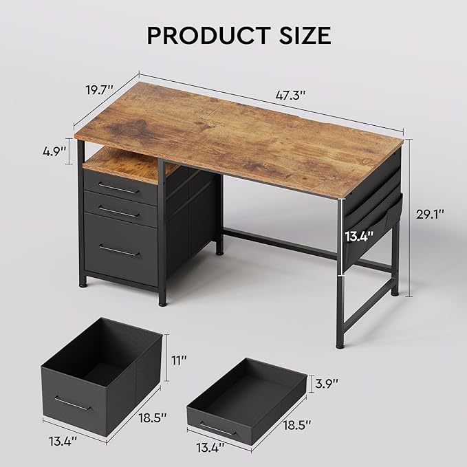 Ｍａｉｈａｉｌ Maihail Computer Desk with Drawers, 47 Inch Desk with 2 Drawers and Shelves, Office Table with Storage, Home Office desks, Metal Frame for PC Laptop, Rustic Brown
