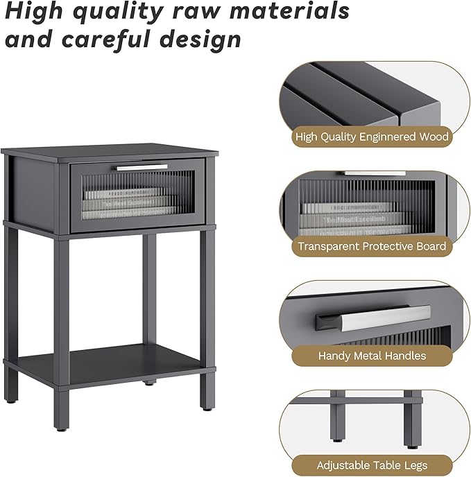 Nightstand Wooden Bedside Table with Drawer Grey Night Stands Modern Style Small End Table Side Table with Storage Shelf for Bedroom Living Room MLBZ10G