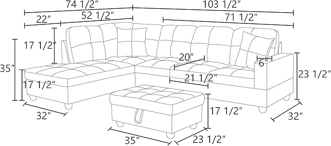 NicBex Sectional Couch 3 Pieces Sofa Set with Right Chaise Faux Leather L Shaped Cloud Couch for Living Room Furniture Sets with Storage Ottoman, Modular Sofa for Living Room & Apartment, Ink Black