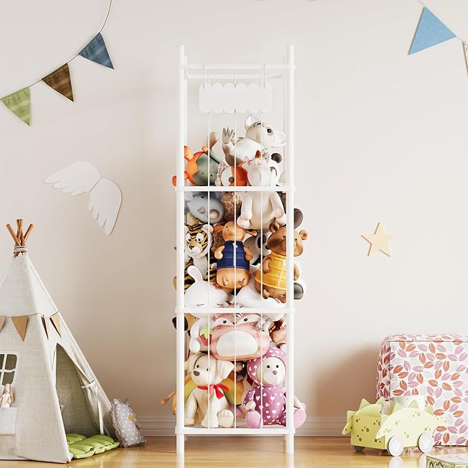 SpaceAid Stuffed Animal Storage Organizer, Wood Animals Zoo Toy Plushies Storage Holder, Large Capacity Plush Toy Cage for Playroom Organization, 15.8" Wide, White