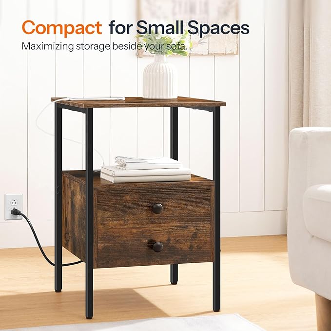 HOOBRO End Table with Charging Station, Bedside Table with 2 Drawer & USB Port & Type-C Port, Nightstand for Small Spaces, Stable and Sturdy, for Living Room, Rustic Brown BF43UBZ01