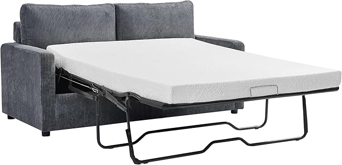Reversible Sleeper Sofa Bed with Comfortable Memory Foam Mattress, Convertible Corduroy Full Size Pull Out Couch for Living Room, Space Saving Furniture, 70" Wide, Rectangular Arms, Grey
