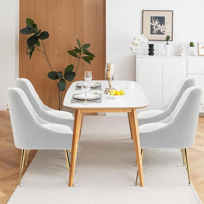 Dining Chairs Medieval Modern Restaurant Chairs, Soft Cushions, Teddy Velvet, Polished Gold Metal Legs, Kitchen Chairs, Living Room White 6-Piece Set
