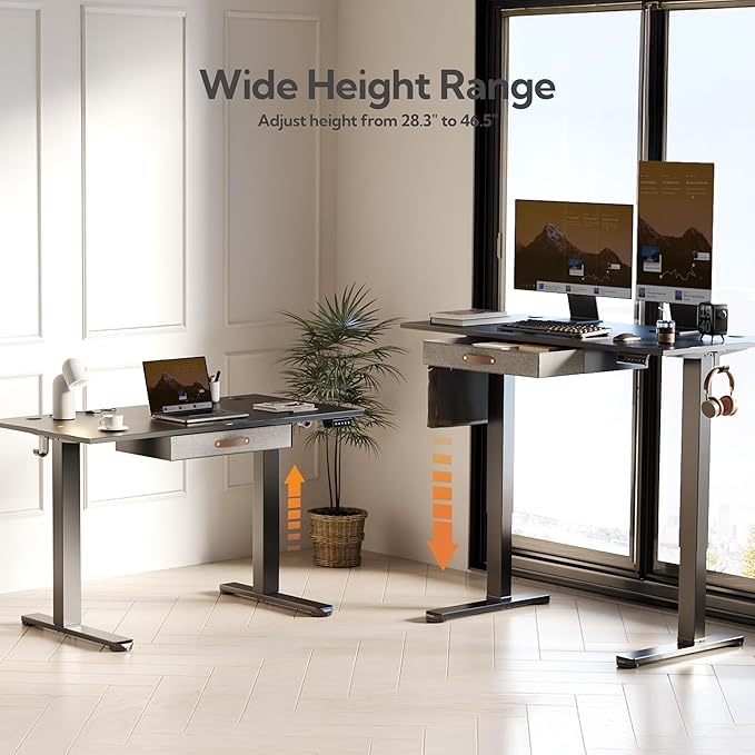 Seang Standing Desk with Drawer, 55" x 24" Height Adjustable Stand Up Desk, 3 Memory Height Settings with Cable Grommets & Storage Hooks, Ideal for Home & Office, Black