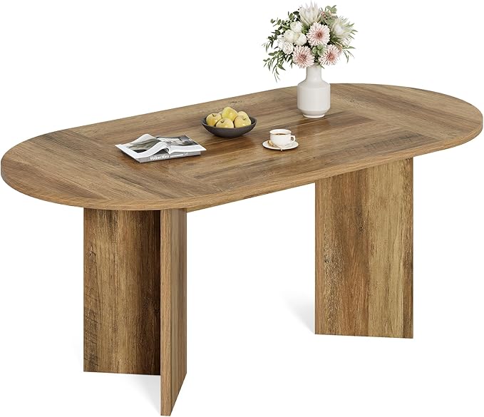 LITTLE TREE 63" Rustic Oval Dining Table for 4-6, Sturdy MDF Farmhouse Kitchen Table with Metal Strip Base, for Living Room, Office, Restaurant, Multi-Use, Umber