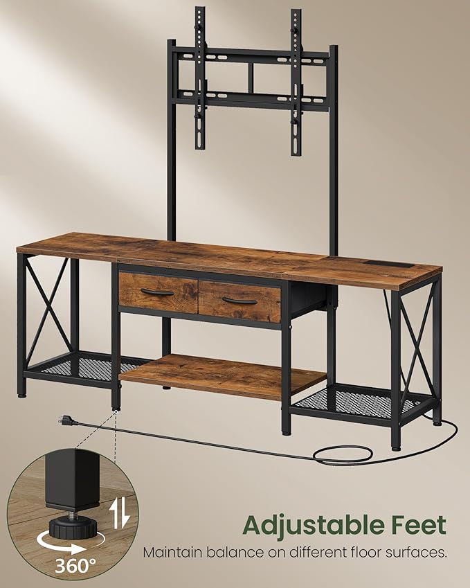 TV Stand with Mount, Power Outlet and LED Light, Entertainment Center, Adjustable TV Stand, for 32-70 inch TVs, 2-Tier Storage, for Living Room, Bedroom, Rustic Brown and Black TDS12UDBF