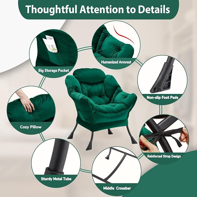 Lazy Chair Thick Padded, Comfy Velvet Accent Lounge Chair with Stable Frame, Leisure Sofa Armchair with Armrests and Side Pocket, Reading Chair for Bedroom, Living Room, Office, Green