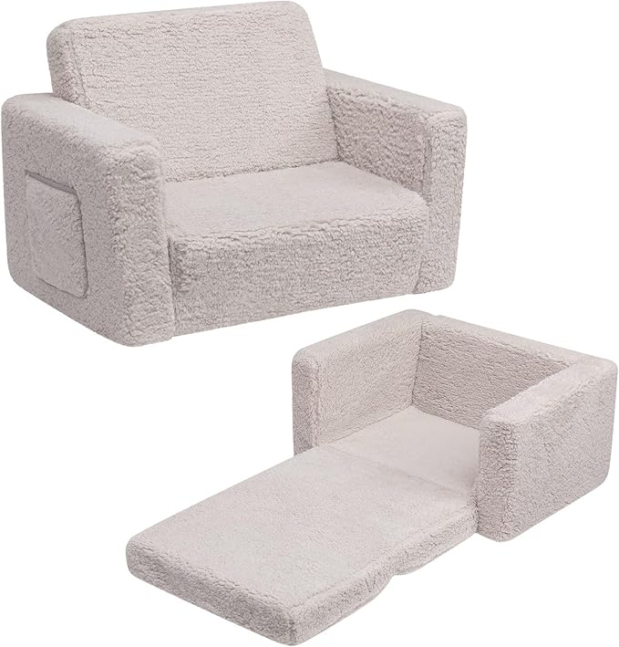 ALIMORDEN Kids Couch, 2-in-1 Fold Out Toddler Chair & Snuggly Foam Lounger Seat, Removable Washable Cover - Soft Reading Couch, Ideal Gift for for Boys and Girls, Light Grey