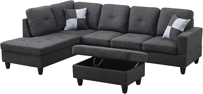 L Shaped Couch Modern Sectional Couch Upholstered Flannel Fabric 3 Pieces Sofas for Living Room with Chaise, Storage Ottoman for Office and Small Apartment, Black Grey
