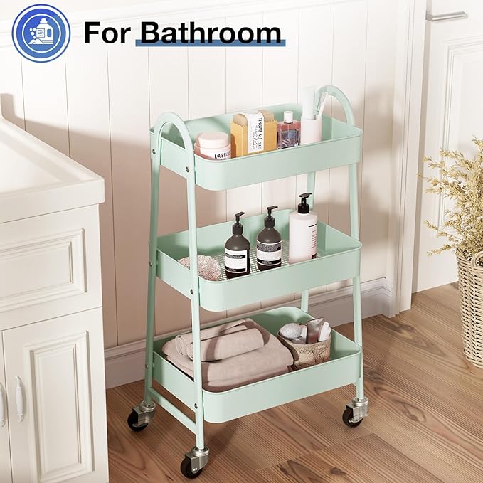 OLIXIS 3 Tier Utility Rolling Cart with Lockable Caster Wheels, Metal Mobile Storage Shelf, Organization for Livingroom, Bathroom, Kitchen, & Narrow Places, Pale Green
