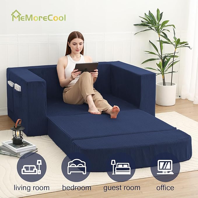 MeMoreCool Transform Your Space – 2-in-1 Corduroy Loveseat & Sleeper, Boneless High-Density Foam Floor Sofa with Removable Washable Cover, Fold-Out Couch for Apartments & Guest Stays