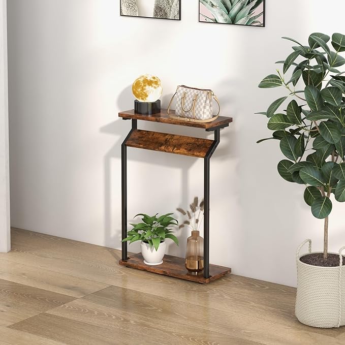 Narrow Side Table for Small Spaces, End Table for Couch, Slim Couch Tray Tables, Skinny Thin End Tables for Living Room, Bedroom, Rustic Brown