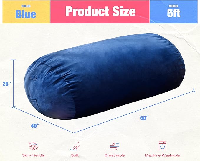 Hobestluk 5FT Bean Bag Chair Large Beanbag Lounger with Removable Cover Adult Bean Bag Chair with Portable Handle Desgin for Living Room Bedroom (Blue, 5FT)