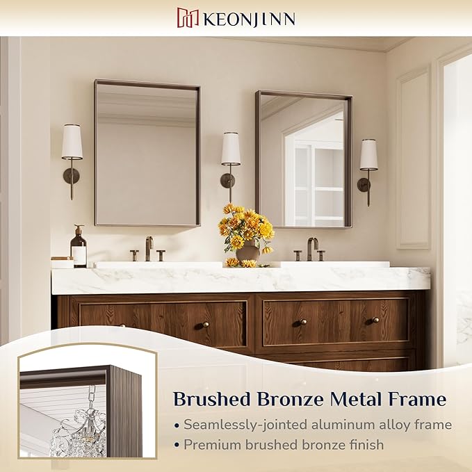 Keonjinn 22 x 30 in Brushed Bronze Framed Mirror for Bathroom, Bronze Vanity Mirrors for Over Sink, Square Corner, Modern Farmhouse Style, Aluminum Alloy Frame(Horizontal/Vertical)