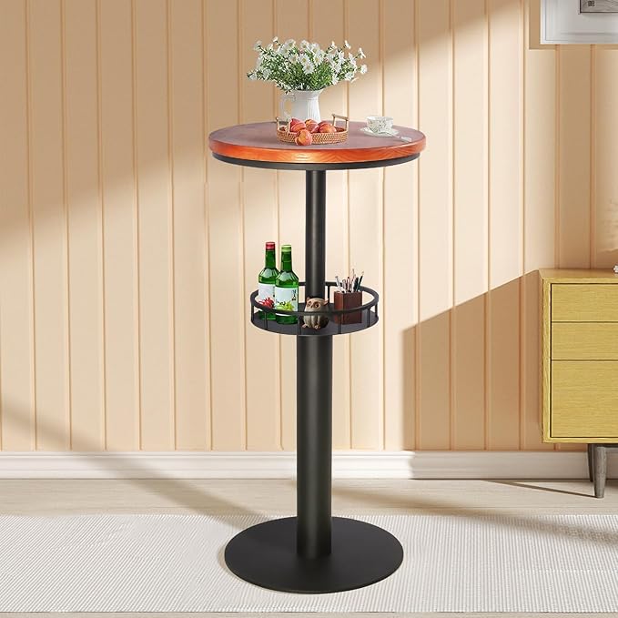LOKKHAN 42" Tall Rustic Industrial Bar Table with Storage-19.68" Dia Round Wooden Top Metal Bar Height Adjustable Standing Pub Table-Dining Room Cocktail Bistro Table